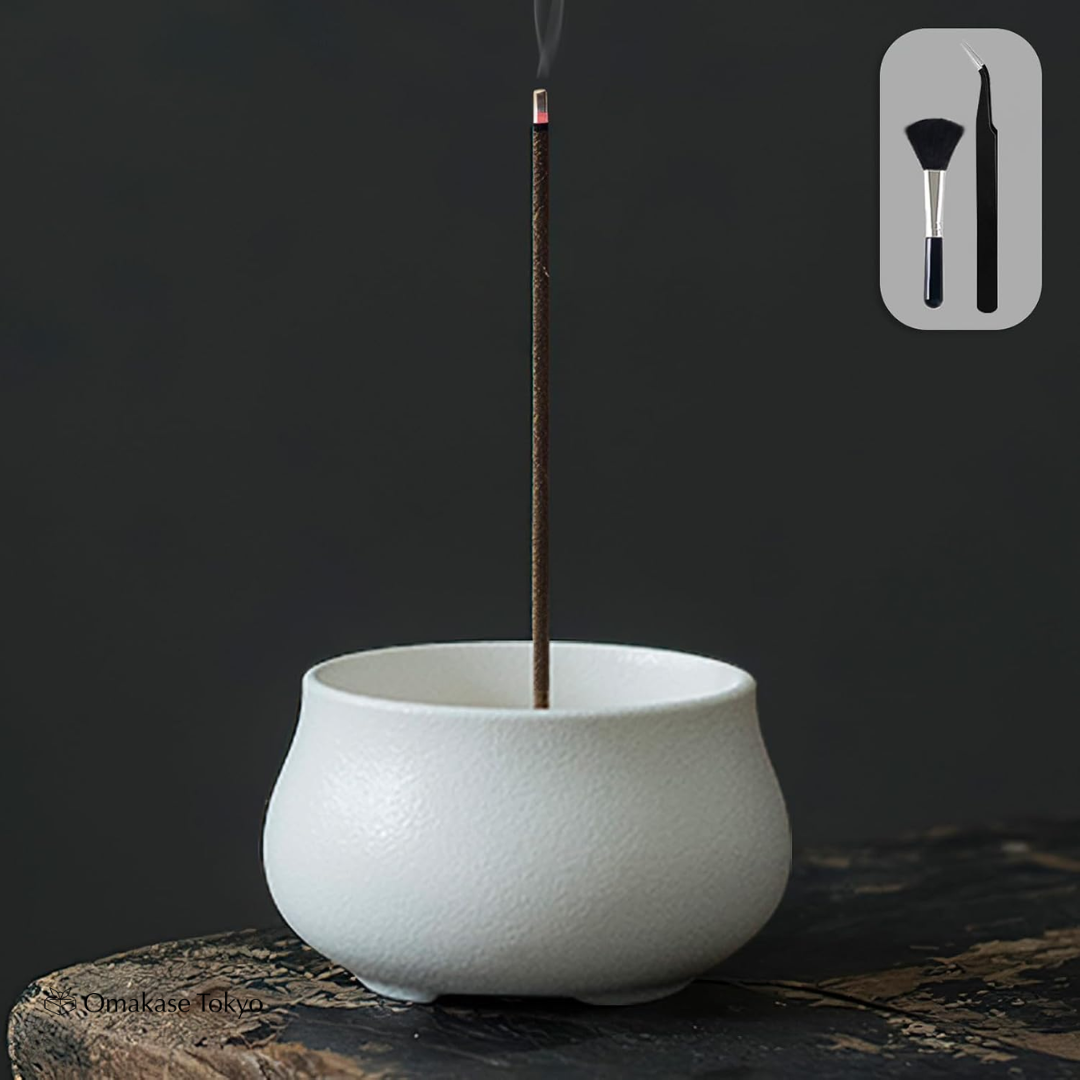 GOKEI Japanese Ceramic Incense Holder Set with Brass Stand