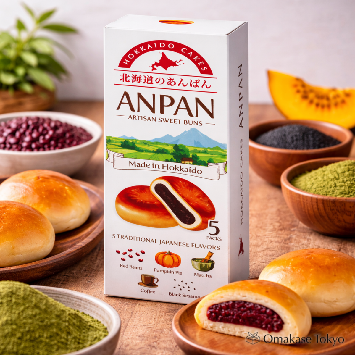 Boîte d'assortiment de 5 saveurs traditionnelles Anpan d'Hokkaido