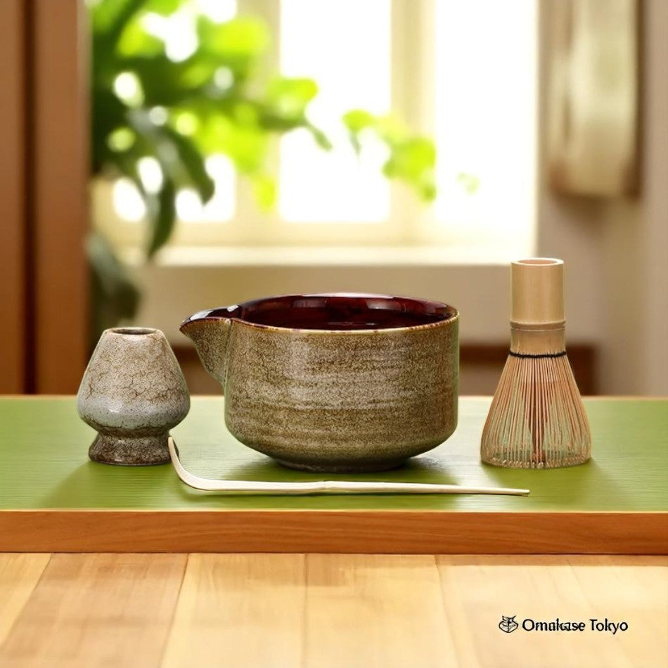 茶道 4 件套抹茶套装碗搅拌器架茶勺茶仙